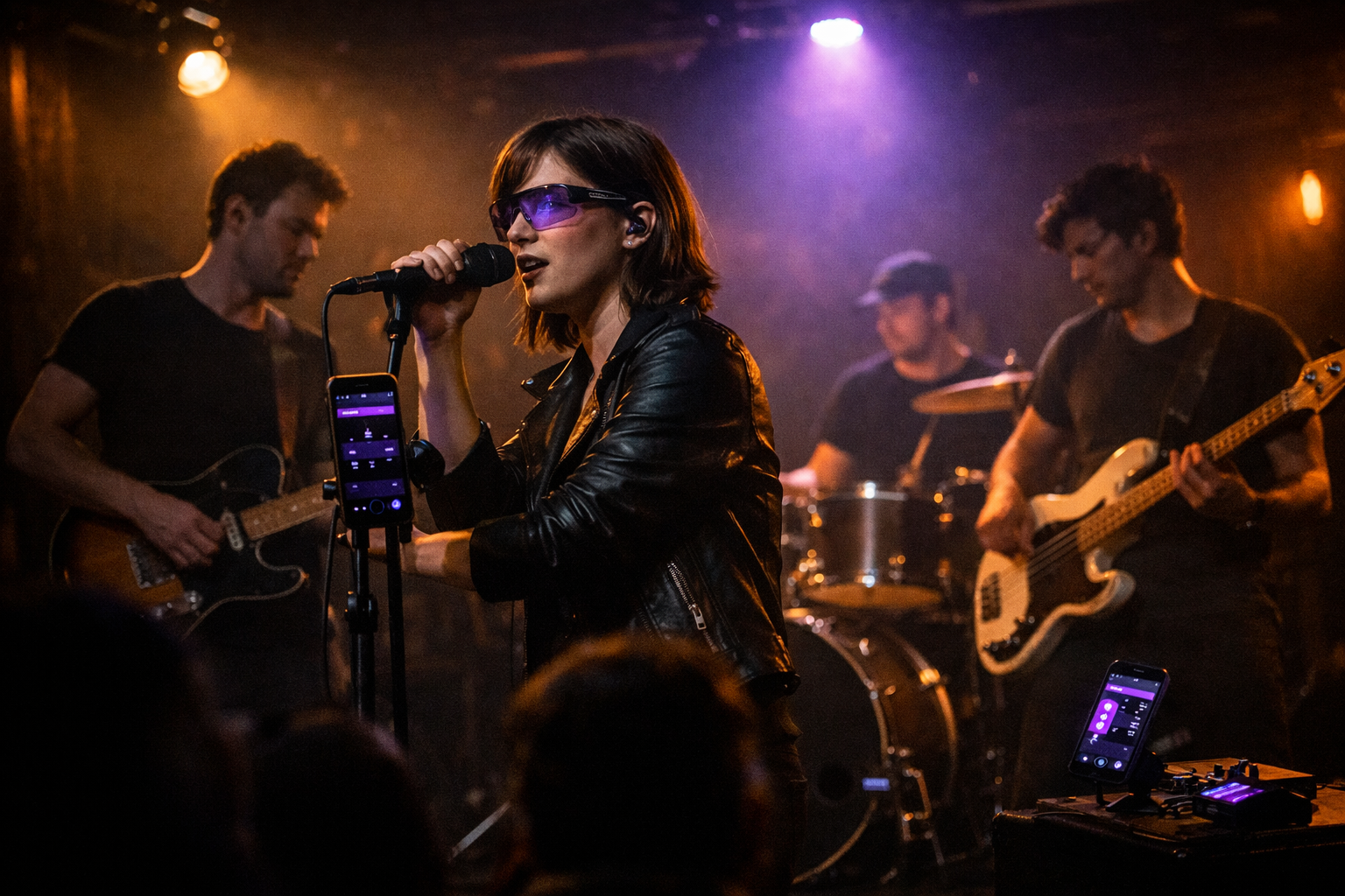 A band performing live, lit in violet, with GigFrame on a phone at the mic stand