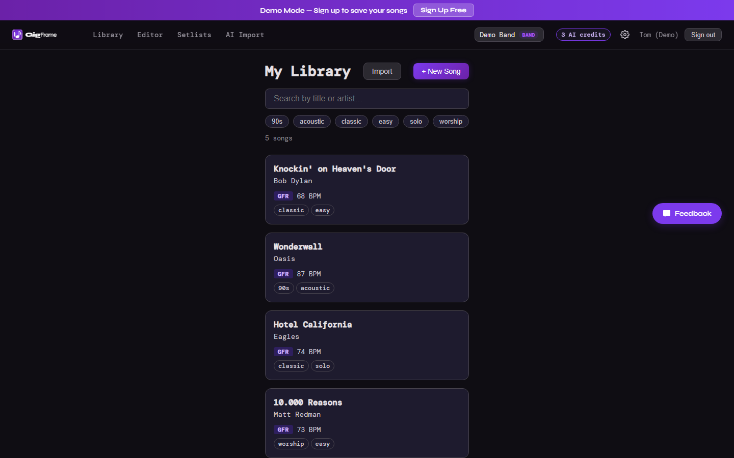 GigFrame song library with search, tags, and BPM badges