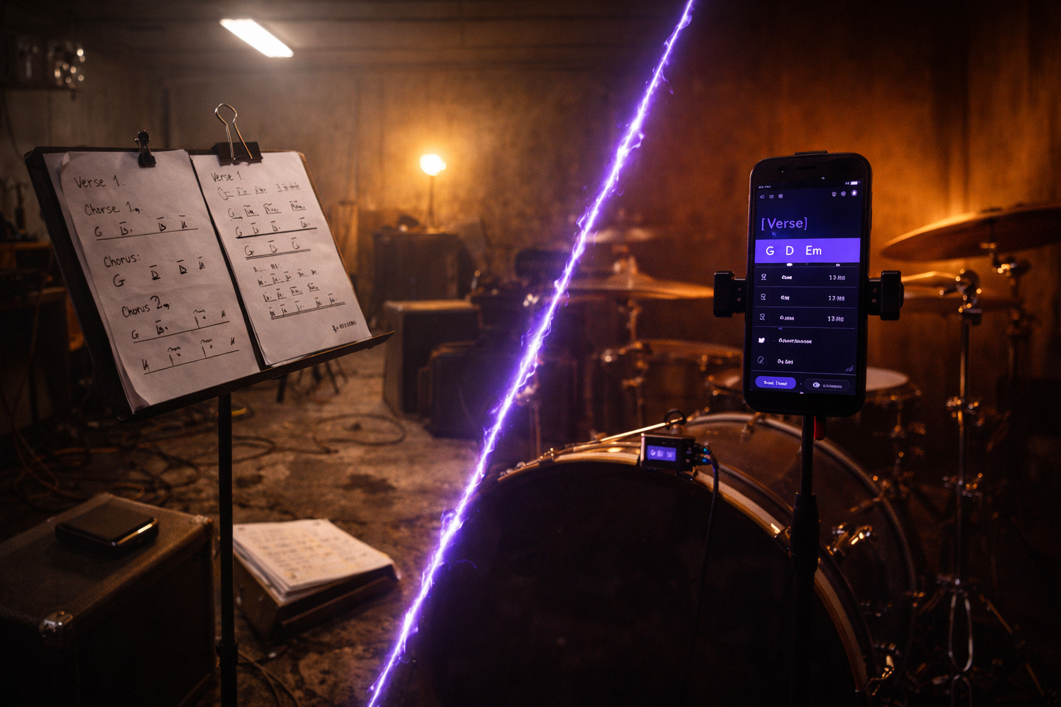 A music stand with paper charts beside a phone running GigFrame, split by a violet line